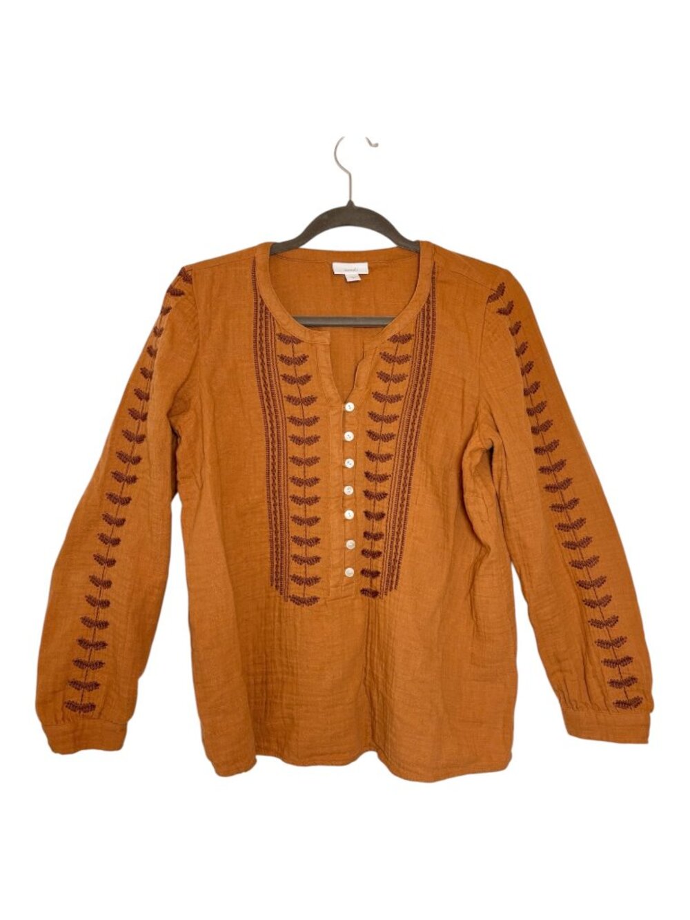 Pure Jill Brown Embroidered Boho Peasant Top 100% Cotton Small